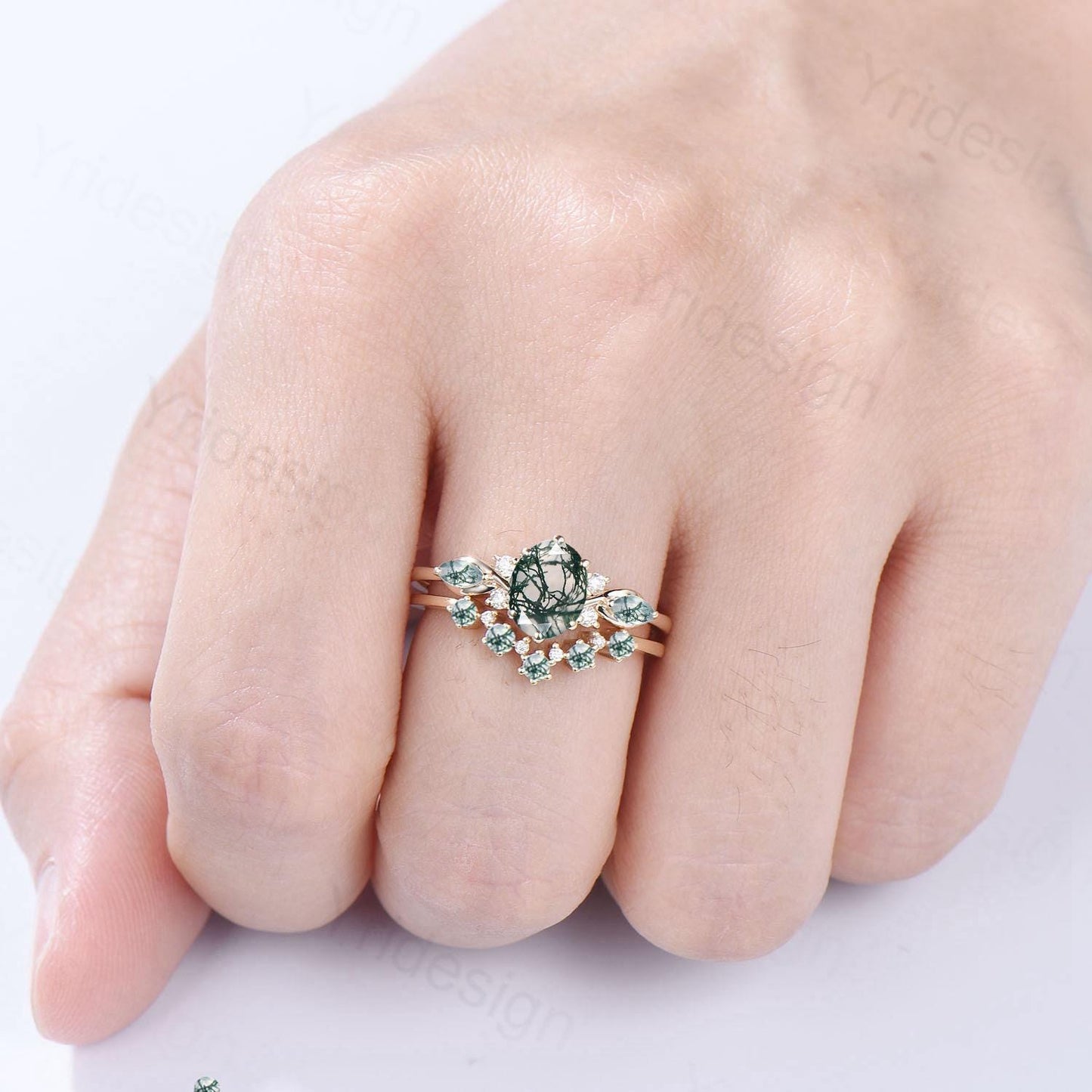 1CT oval cut green moss agate engagement ring set marquise natural green gemstone cluster ring silver 14 yellow gold bridal ring set for her - PENFINE