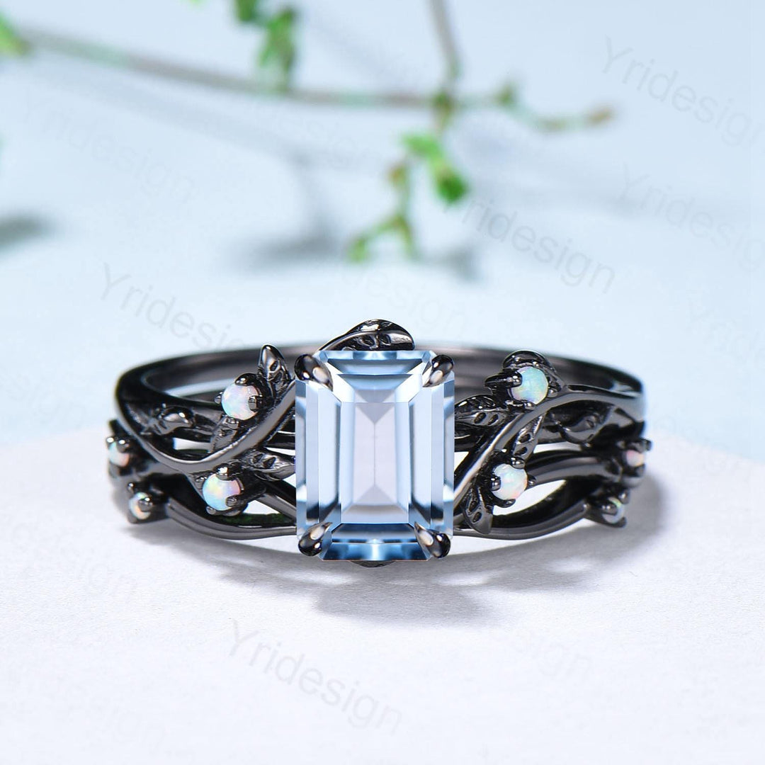 Unique black gold aquamarine engagement ring set March birthstone and opal nature inspired bridal ring set Leaf twig ladies anniversary gift - PENFINE