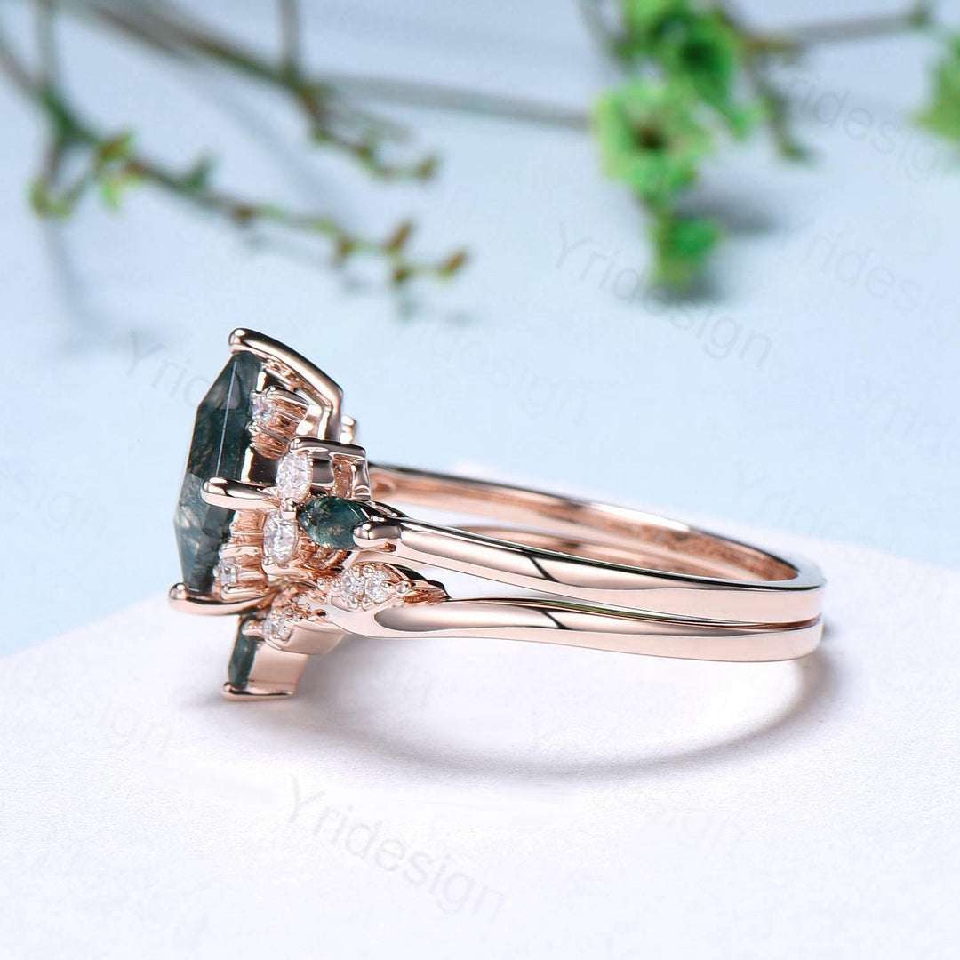 Vintage 2CT Princess Cut Green Moss Agate Engagement Ring Cluster Nature Marquise Green Gemstone Ring Set 2pcs Bridal Ring 14K Rose Gold Set - PENFINE