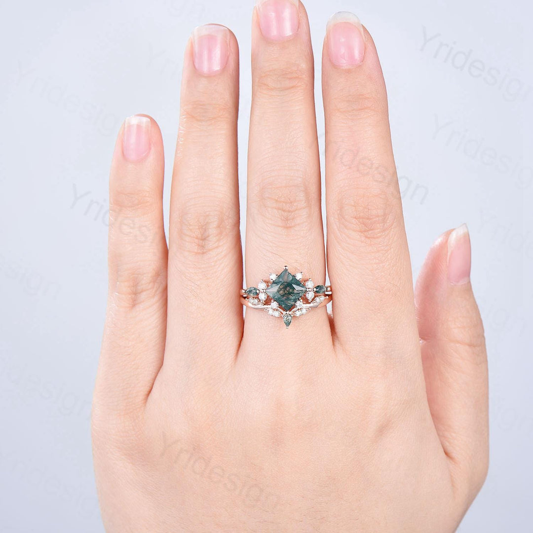 Vintage 2CT Princess Cut Green Moss Agate Engagement Ring Cluster Nature Marquise Green Gemstone Ring Set 2pcs Bridal Ring 14K Rose Gold Set - PENFINE