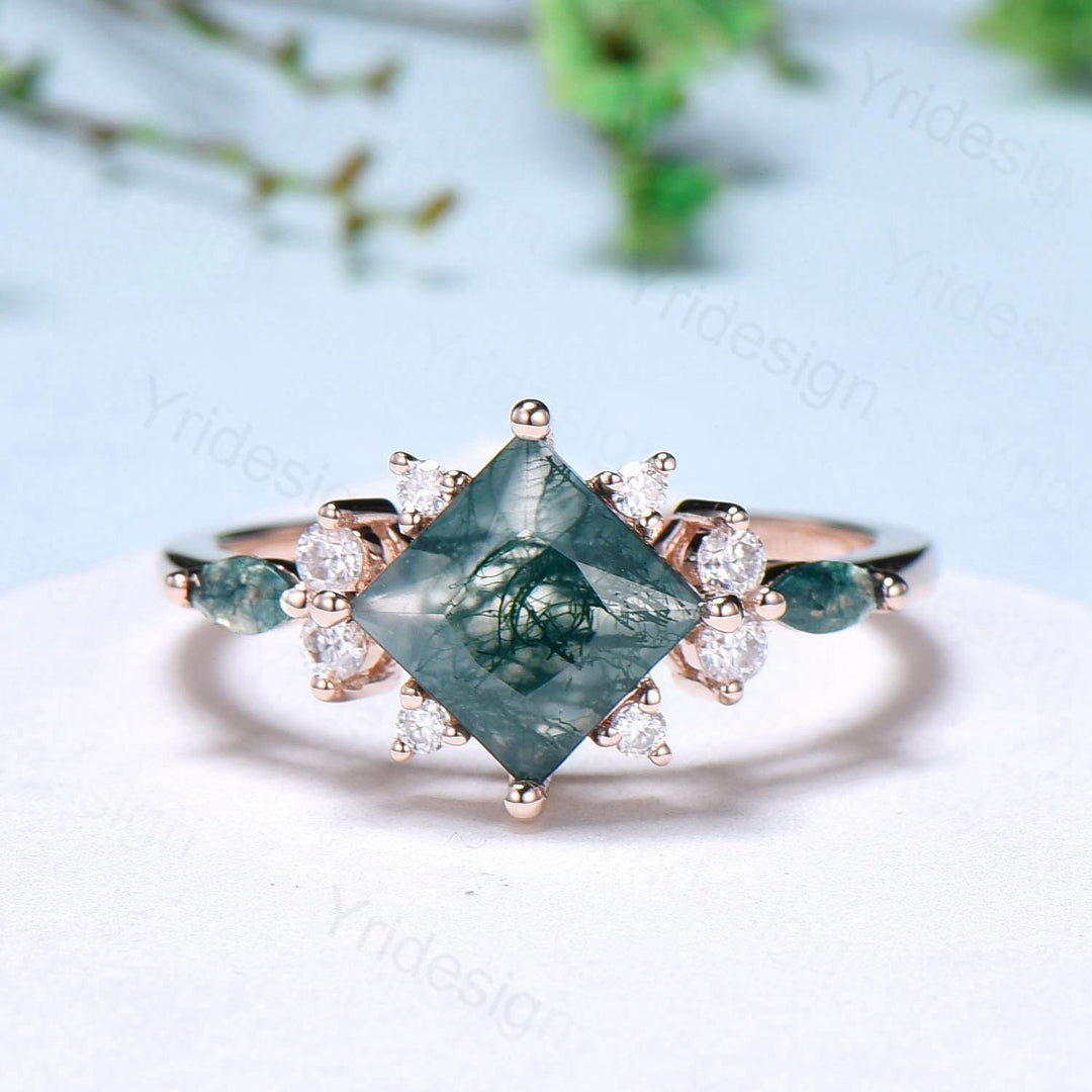 Vintage 2CT Princess Cut Green Moss Agate Engagement Ring Cluster Nature Marquise Green Gemstone Ring Set 2pcs Bridal Ring 14K Rose Gold Set - PENFINE