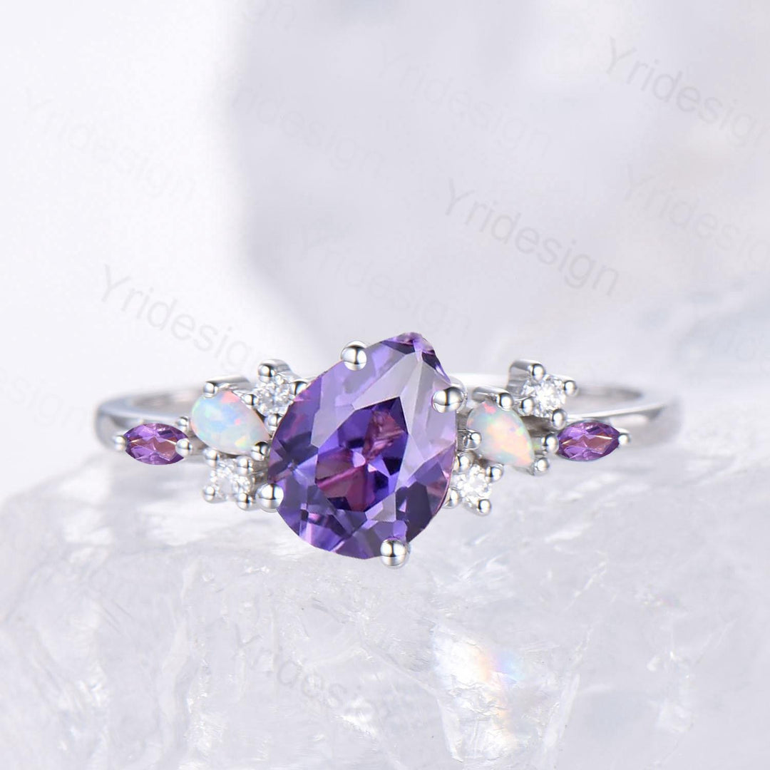 Unique Purple Gemstone Engagement Ring, Cluster Opal Lavender Amethyst Wedding Ring, Pear Shaped Purple Sapphire Ring Cute Anniversary Gift - PENFINE