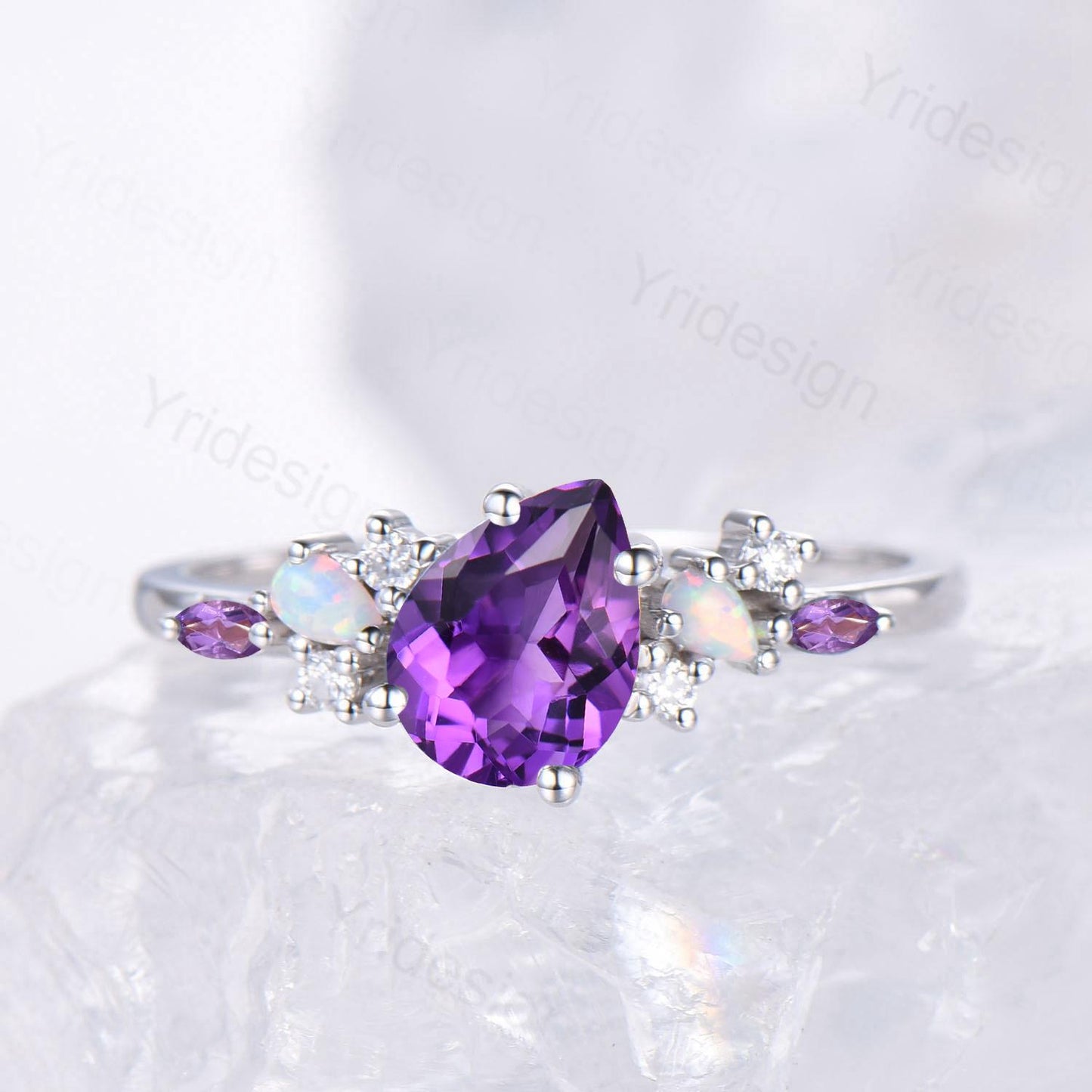 Unique Purple Gemstone Engagement Ring, Cluster Opal Lavender Amethyst Wedding Ring, Pear Shaped Purple Sapphire Ring Cute Anniversary Gift - PENFINE