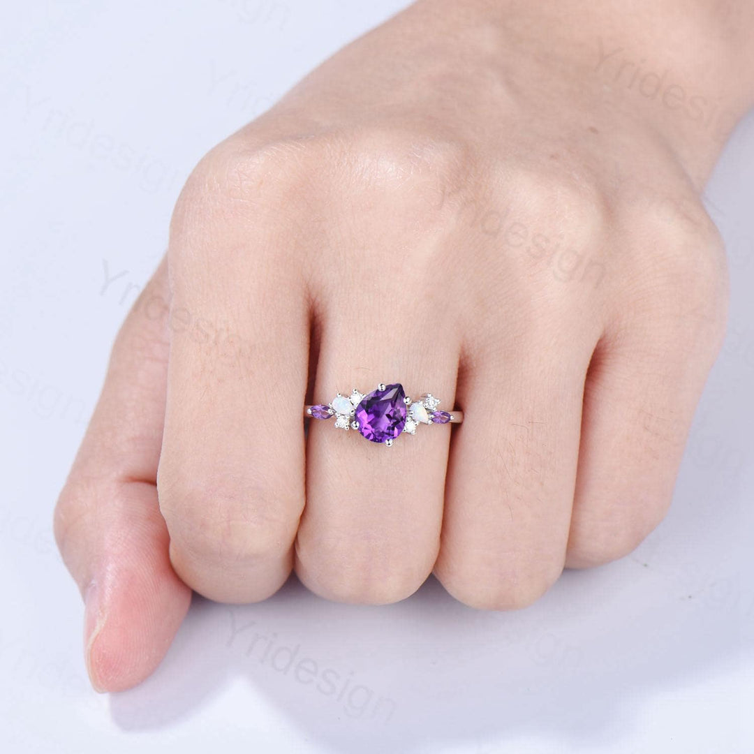 Unique Purple Gemstone Engagement Ring, Cluster Opal Lavender Amethyst Wedding Ring, Pear Shaped Purple Sapphire Ring Cute Anniversary Gift - PENFINE