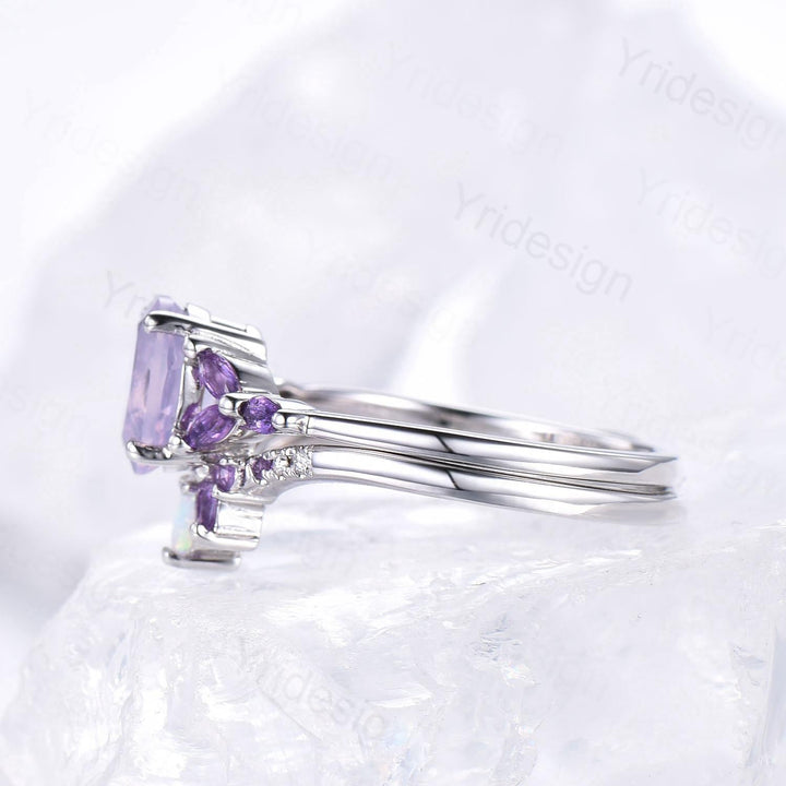 Vintage Oval natural Lavender Amethyst Engagement Ring Set Unique Seven Stone Marquise Amethyst  Wedding Bridal Set February Birthstone Gift - PENFINE