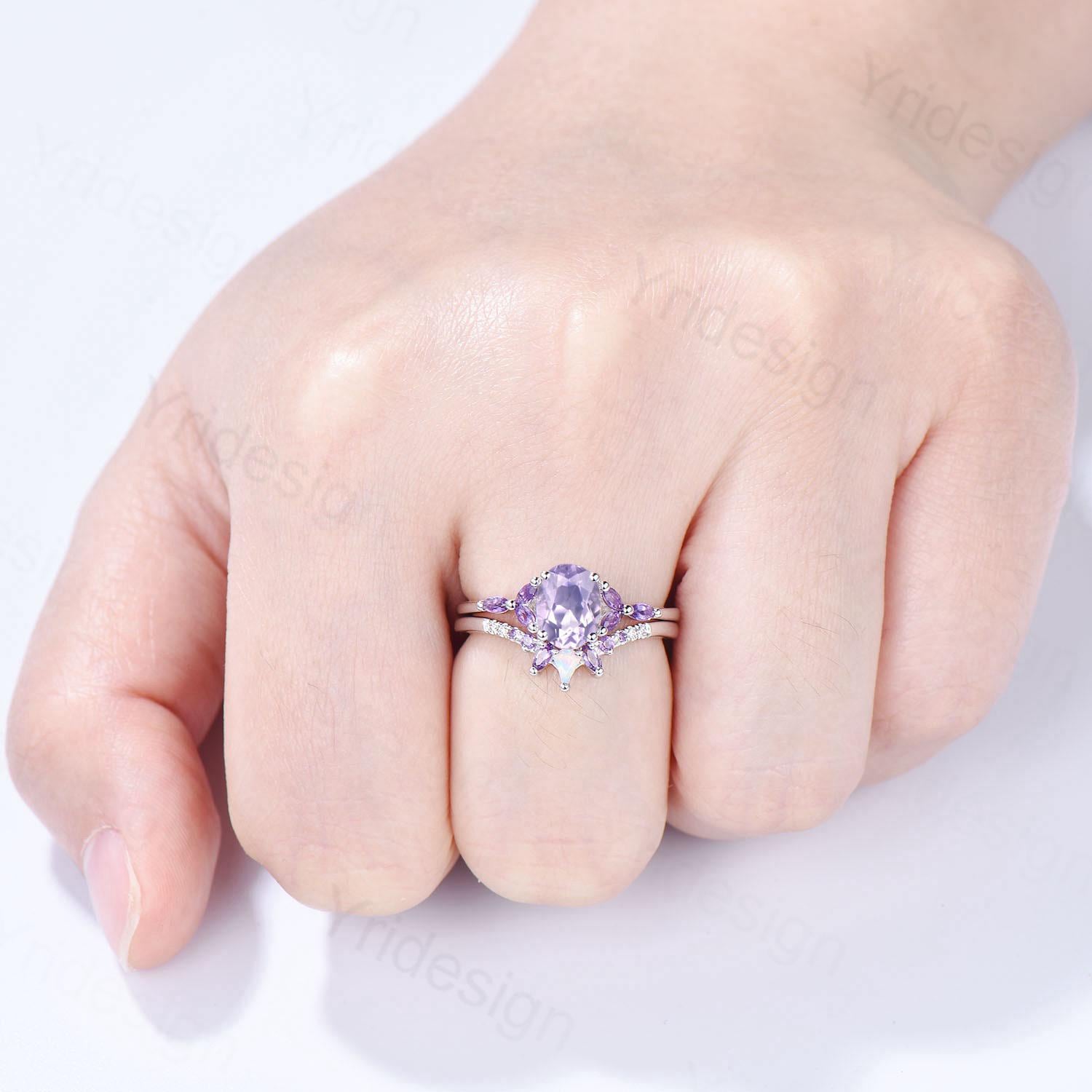 Vintage Oval natural Lavender Amethyst Engagement Ring Set Unique Seven Stone Marquise Amethyst  Wedding Bridal Set February Birthstone Gift - PENFINE