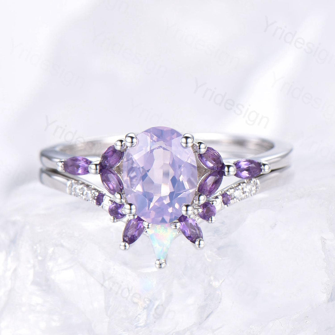 Vintage Oval natural Lavender Amethyst Engagement Ring Set Unique Seven Stone Marquise Amethyst  Wedding Bridal Set February Birthstone Gift - PENFINE