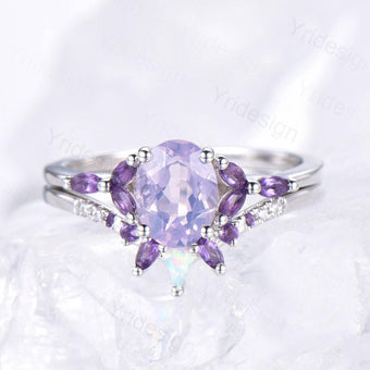 Vintage Oval natural Lavender Amethyst Engagement Ring Set Unique Seven Stone Marquise Amethyst  Wedding Bridal Set February Birthstone Gift - PENFINE
