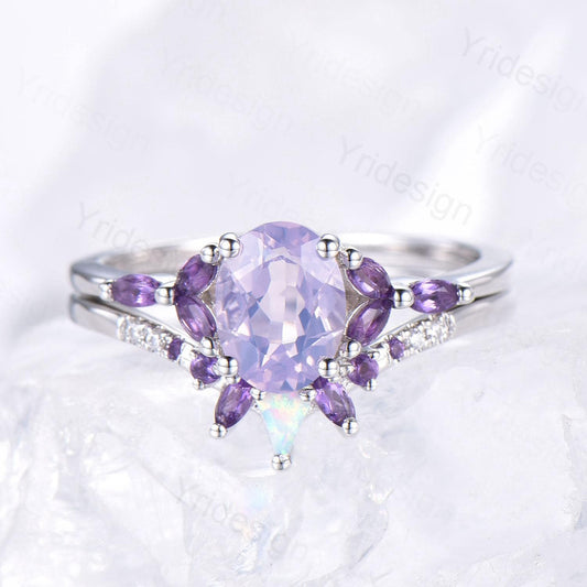 Vintage Oval natural Lavender Amethyst Engagement Ring Set Unique Seven Stone Marquise Amethyst  Wedding Bridal Set February Birthstone Gift - PENFINE