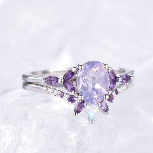Vintage Oval natural Lavender Amethyst Engagement Ring Set Unique Seven Stone Marquise Amethyst Wedding Bridal Set February Birthstone Gift - PENFINE