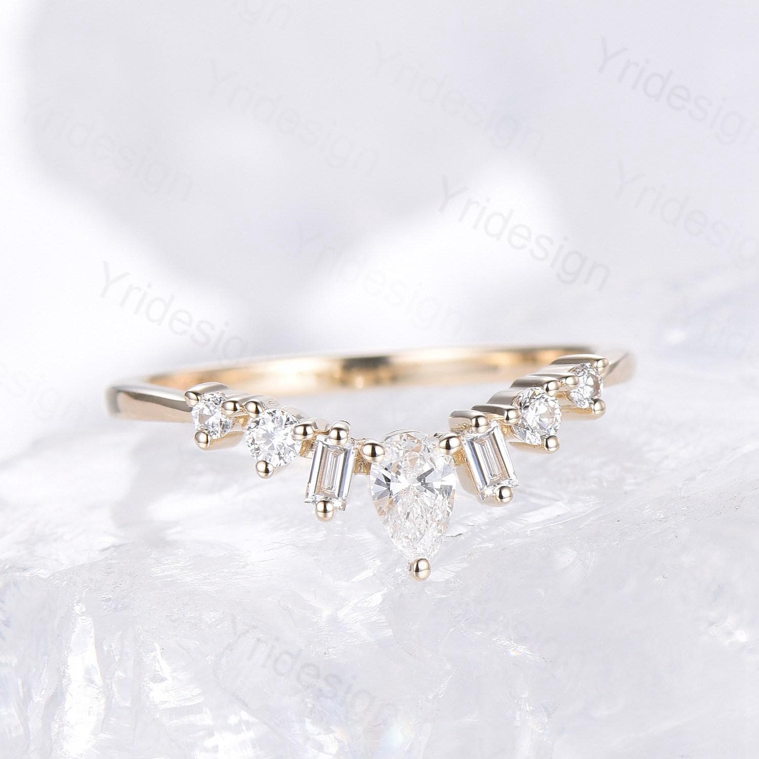 Solid 14K Yellow Gold Lab Grown diamond wedding band women unique curved wedding band women art deco matching stacking band anniversary ring - PENFINE