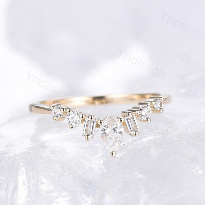 Solid 14K Yellow Gold Lab Grown diamond wedding band women unique curved wedding band women art deco matching stacking band anniversary ring - PENFINE