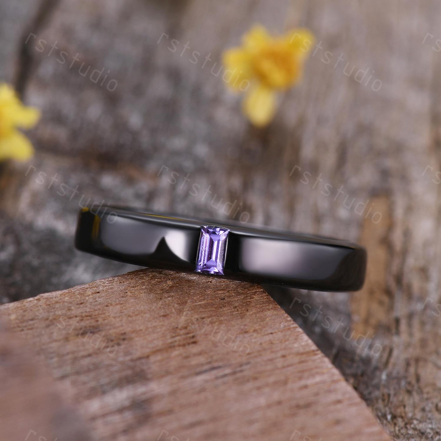 Mens Baguette Amethyst Wedding Band: Black Gold Vintage Ring