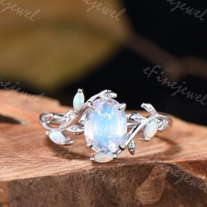 Oval Moonstone Engagement Ring, Leaf Vine Opal Accent, 14K Gold - PENFINE
