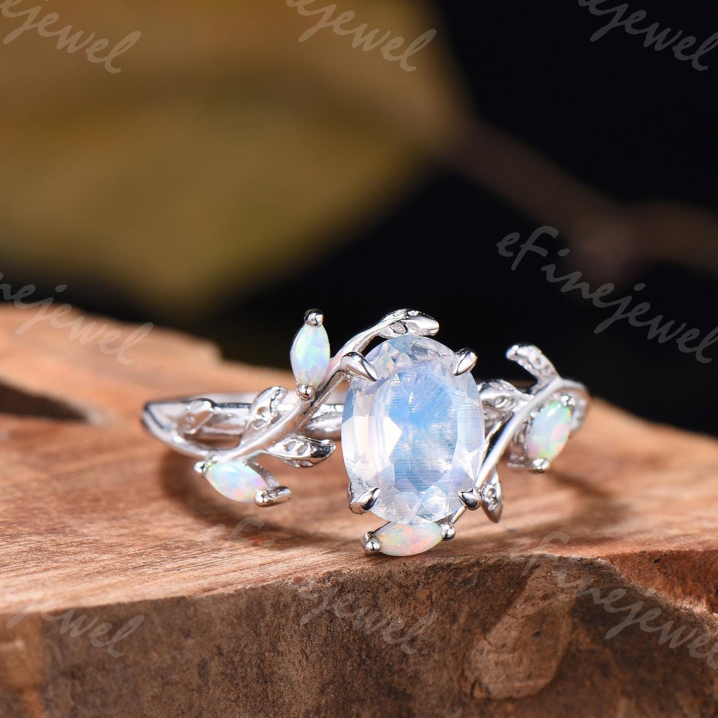 Oval Moonstone Engagement Ring, Leaf Vine Opal Accent, 14K Gold - PENFINE