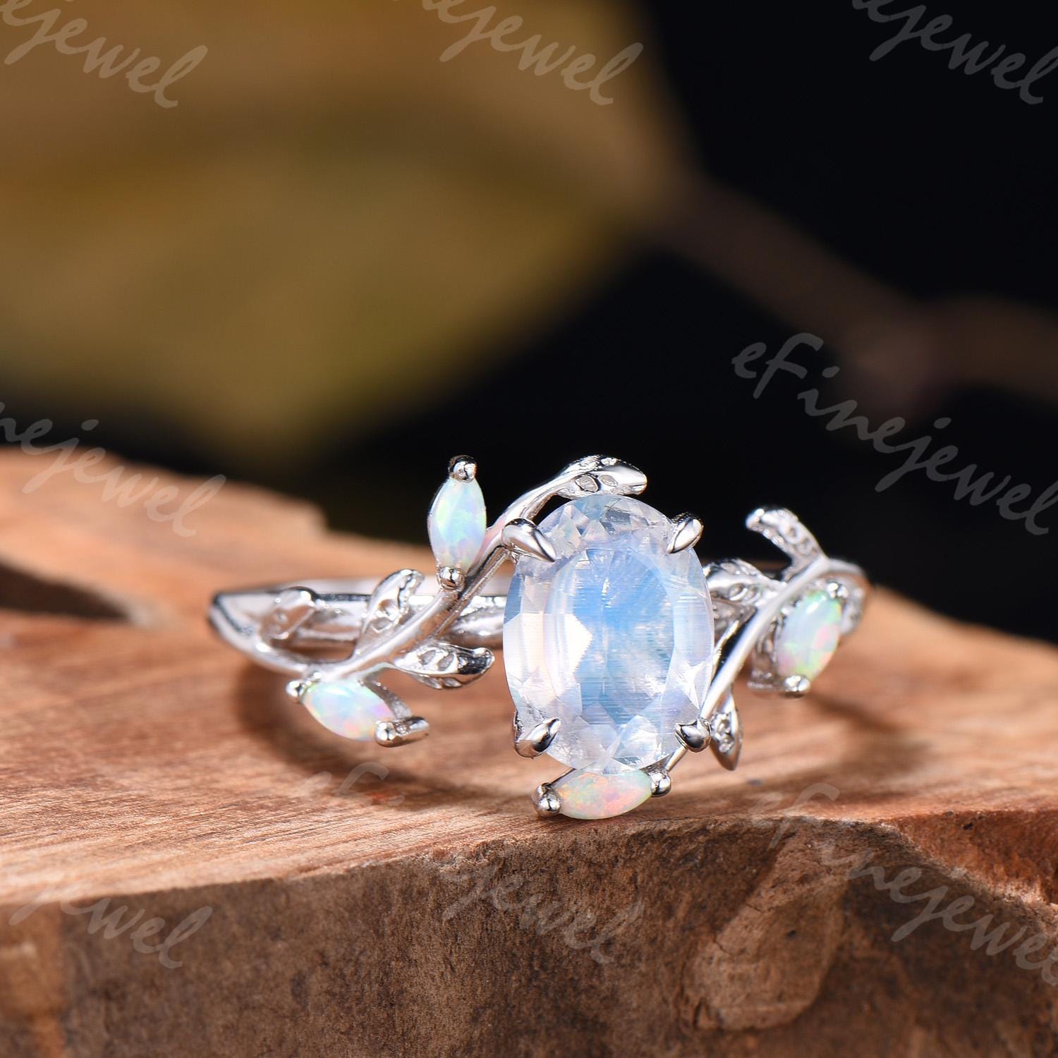 Oval Moonstone Engagement Ring, Leaf Vine Opal Accent, 14K Gold - PENFINE