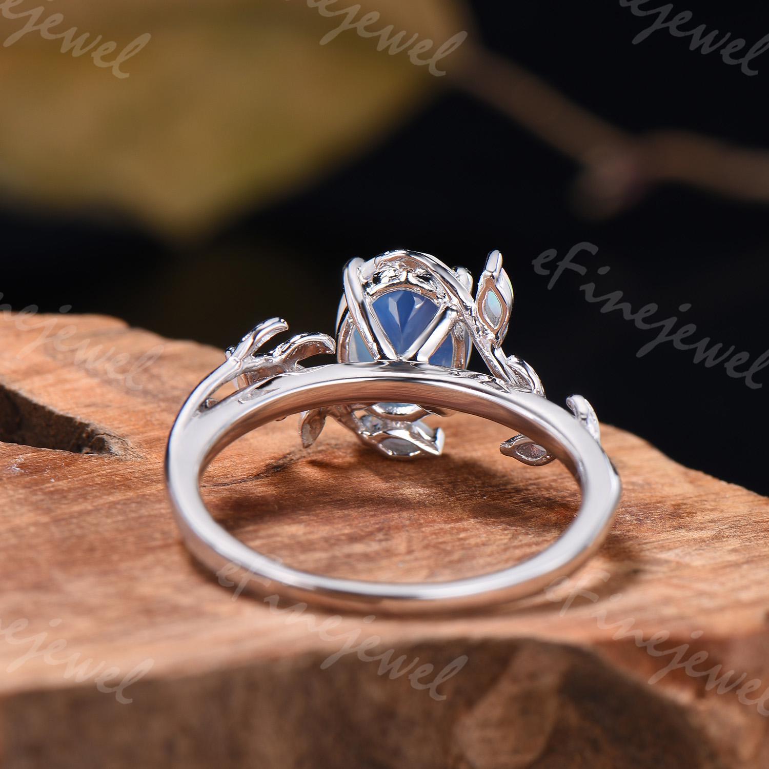 Oval Moonstone Engagement Ring, Leaf Vine Opal Accent, 14K Gold - PENFINE