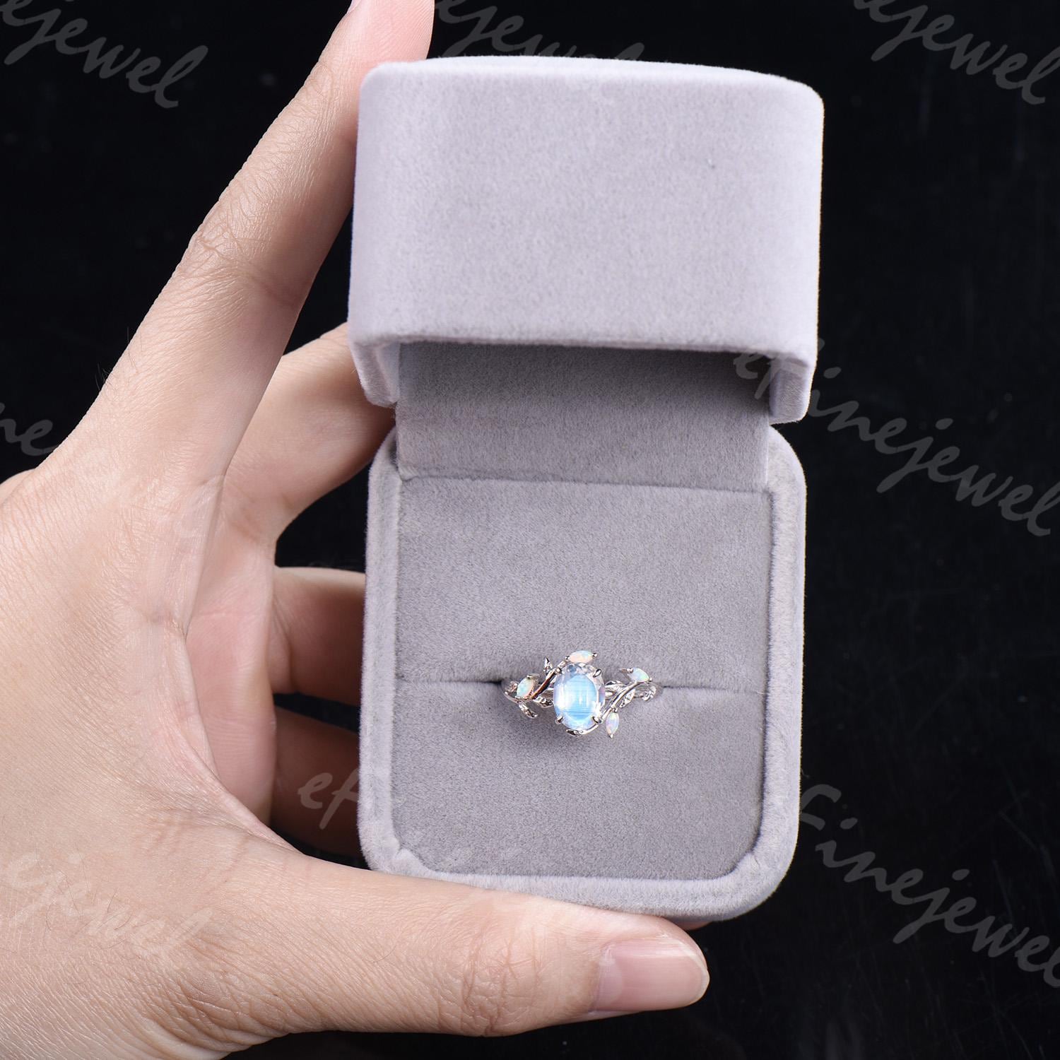 Oval Moonstone Engagement Ring, Leaf Vine Opal Accent, 14K Gold - PENFINE