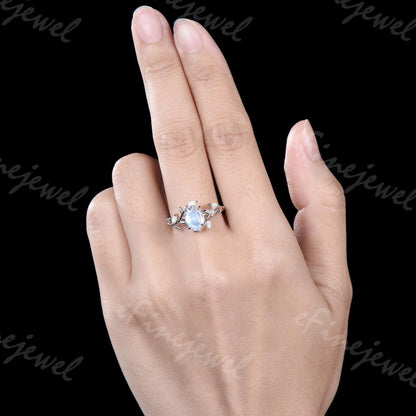Oval Moonstone Engagement Ring, Leaf Vine Opal Accent, 14K Gold - PENFINE