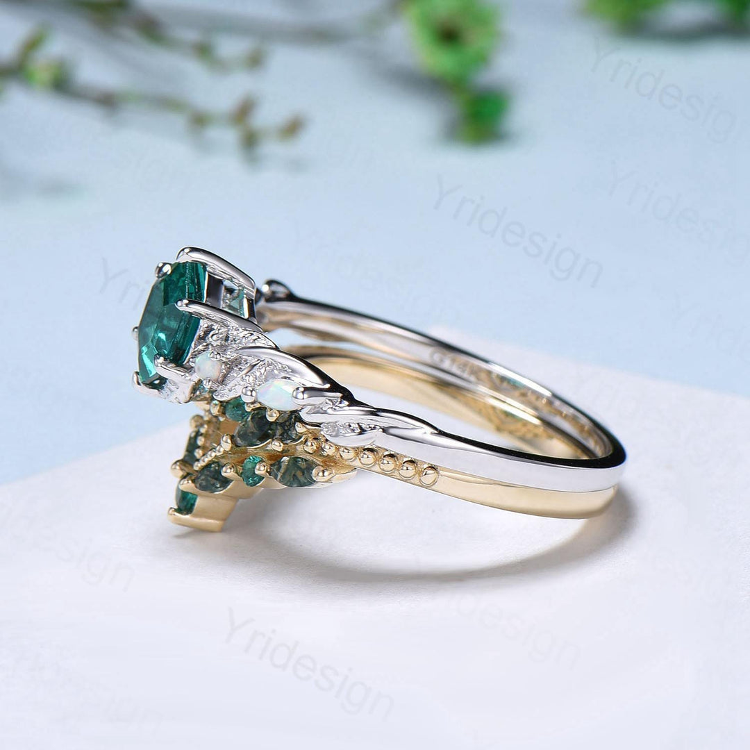 Unique hexagon cut emerald wedding set, Nature Inspired opal emerald engagement ring set, curved moss agate stacking band bridal set women - PENFINE