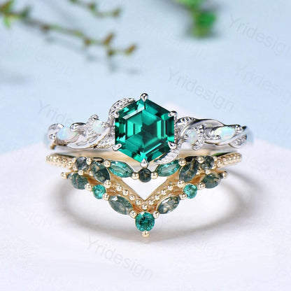 Unique hexagon cut emerald wedding set, Nature Inspired opal emerald engagement ring set, curved moss agate stacking band bridal set women - PENFINE