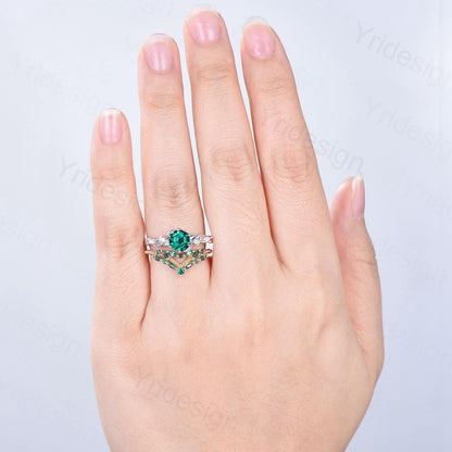 Unique hexagon cut emerald wedding set, Nature Inspired opal emerald engagement ring set, curved moss agate stacking band bridal set women - PENFINE