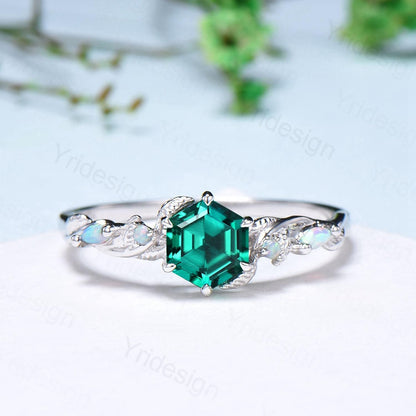 Unique hexagon cut emerald wedding set, Nature Inspired opal emerald engagement ring set, curved moss agate stacking band bridal set women - PENFINE