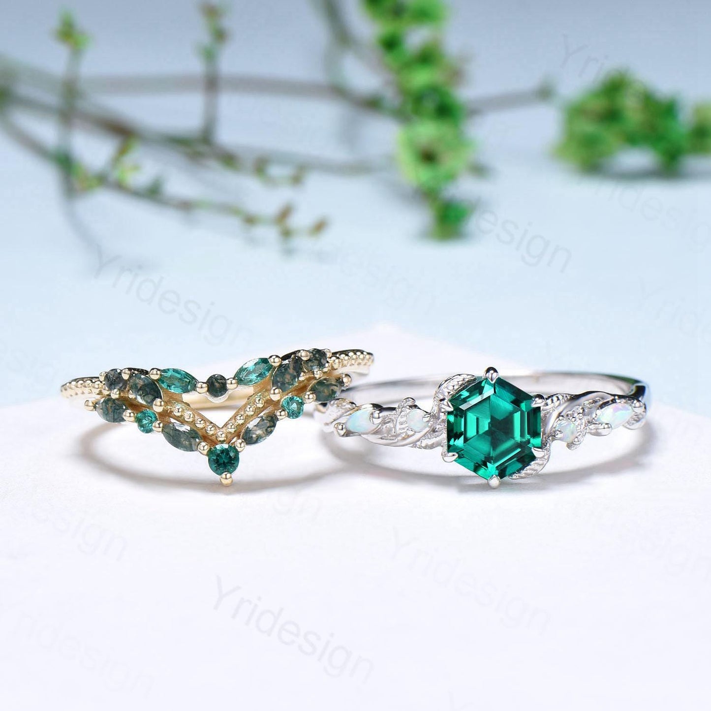 Unique hexagon cut emerald wedding set, Nature Inspired opal emerald engagement ring set, curved moss agate stacking band bridal set women - PENFINE