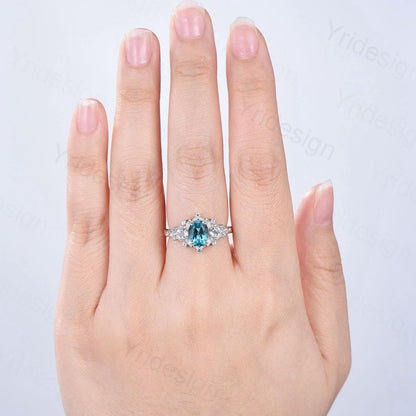 Unique oval blue paraiba engagement ring Nature Inspired silver white gold leaf engagement ring cluster aquamarine wedding band ring women - PENFINE