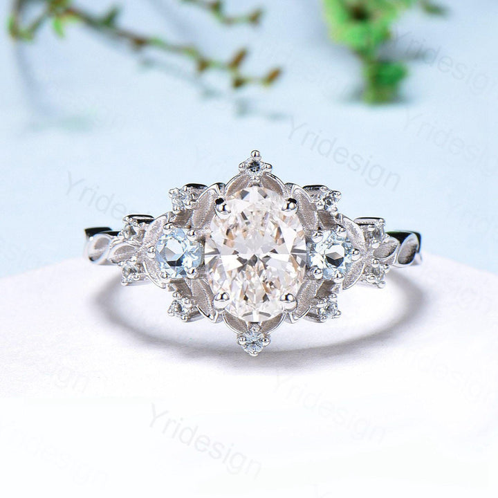 Unique oval moissanite engagement ring Nature Inspired delicate white gold leaf engagement ring cluster aquamarine wedding band ring women - PENFINE