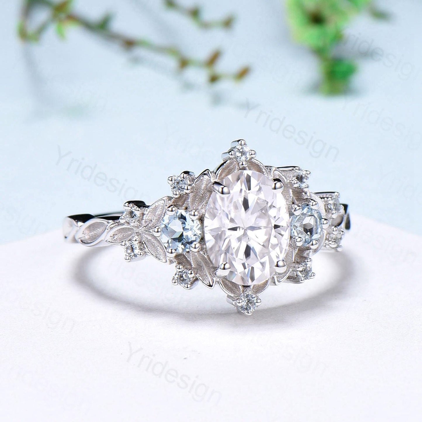 Unique oval moissanite engagement ring Nature Inspired delicate white gold leaf engagement ring cluster aquamarine wedding band ring women - PENFINE