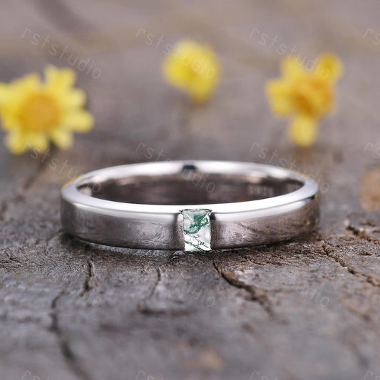 Mens Moss Agate Wedding Band: Baguette Green Agate, Brushed Finish Band Gold Ring