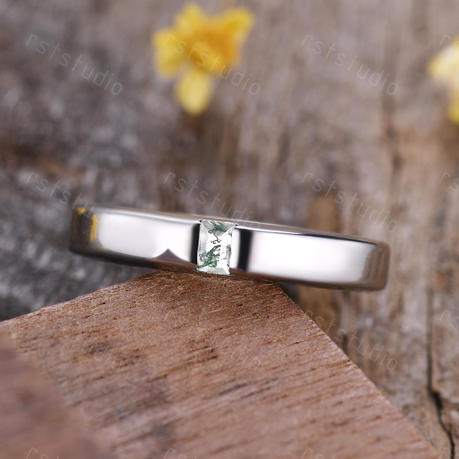 Mens Moss Agate Wedding Band: Baguette Green Agate, Brushed Finish Band Gold Ring