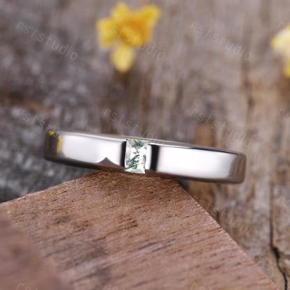 Mens Moss Agate Wedding Band: Baguette Green Agate, Brushed Finish Band Gold Ring