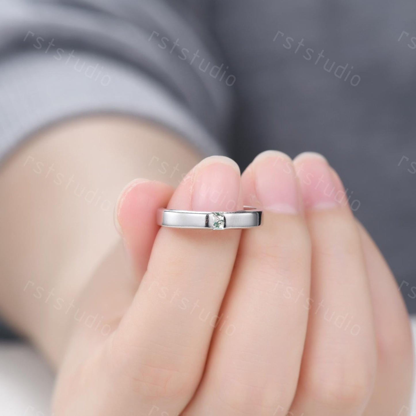 Mens Moss Agate Wedding Band: Baguette Green Agate, Brushed Finish Band Gold Ring