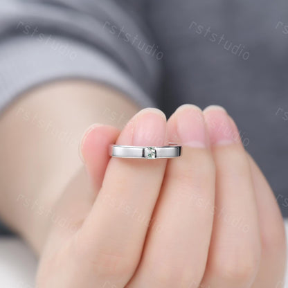 Mens Moss Agate Wedding Band: Baguette Green Agate, Brushed Finish Band Gold Ring