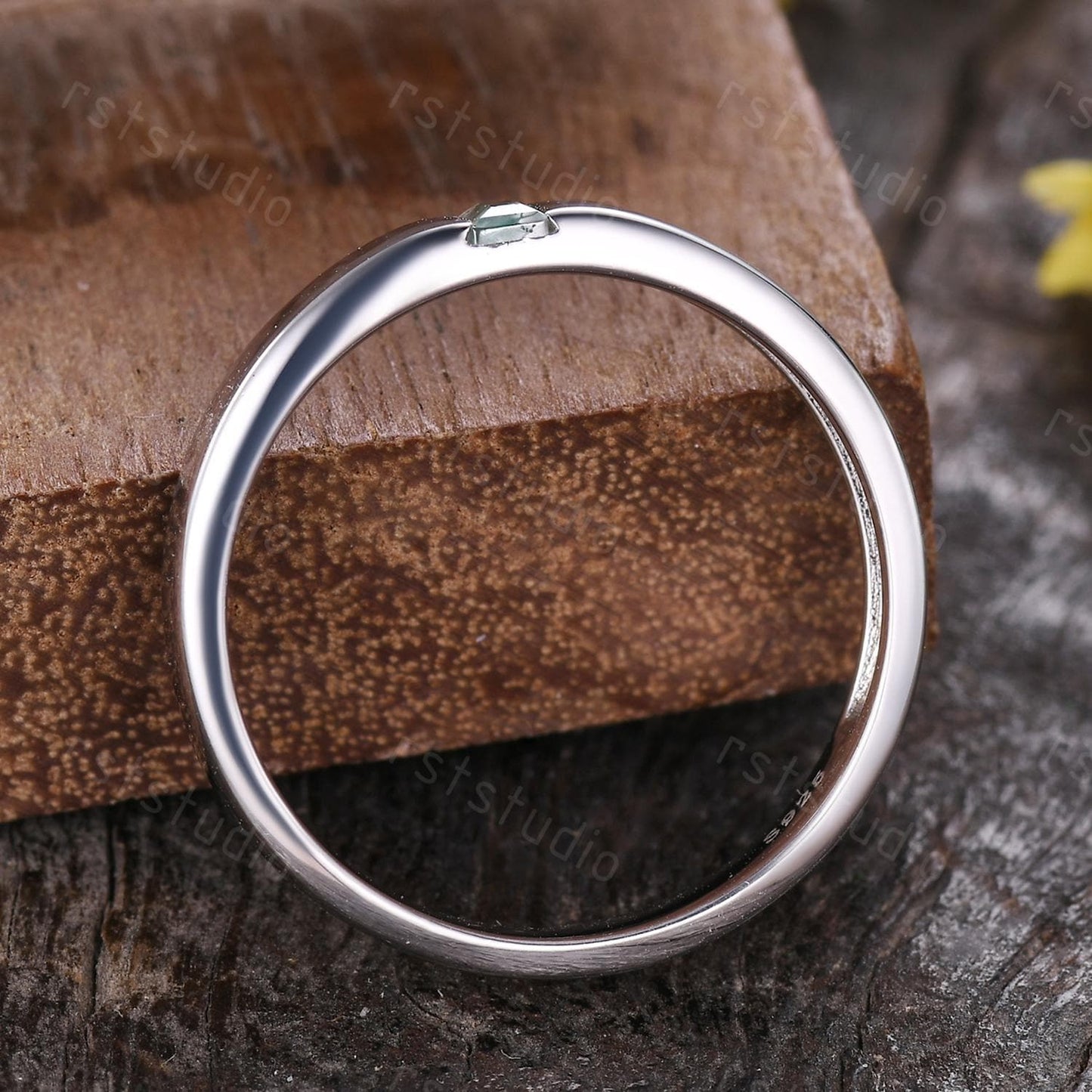 Mens Moss Agate Wedding Band: Baguette Green Agate, Brushed Finish Band Gold Ring