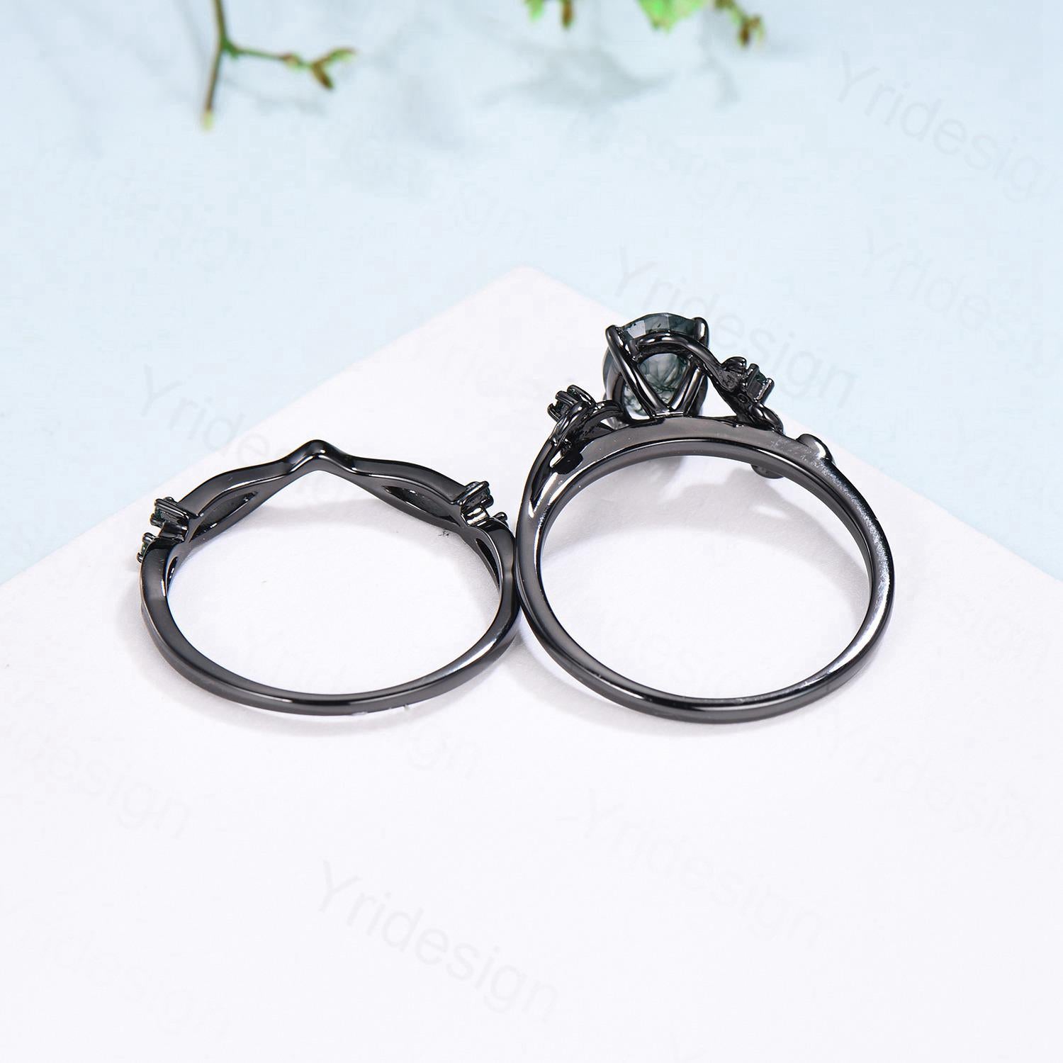 Unique black gold emerald ring set Nature Inspired oval emerald engagement ring vintage May birthstone leaf vine wedding ring set for women - PENFINE