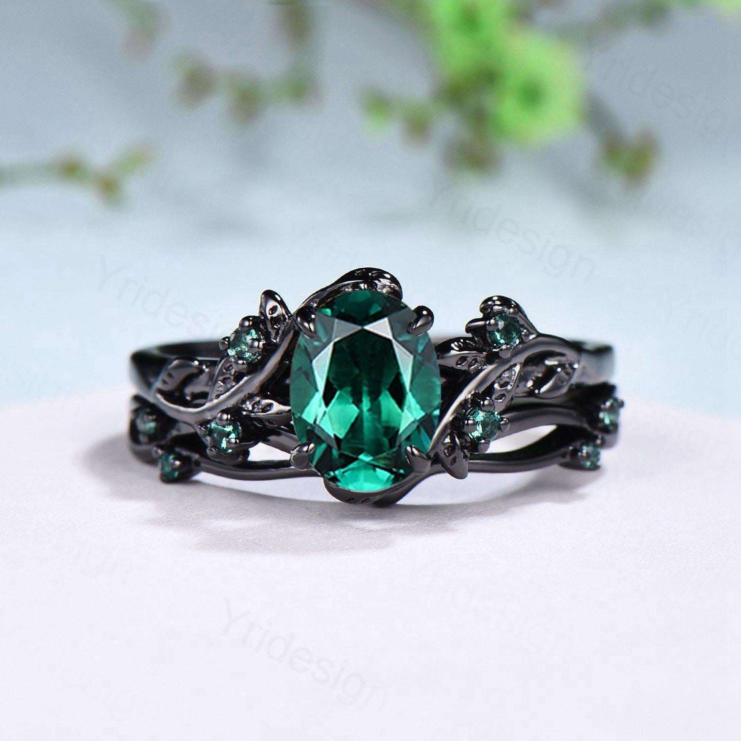 Unique black gold emerald ring set Nature Inspired oval emerald engagement ring vintage May birthstone leaf vine wedding ring set for women - PENFINE