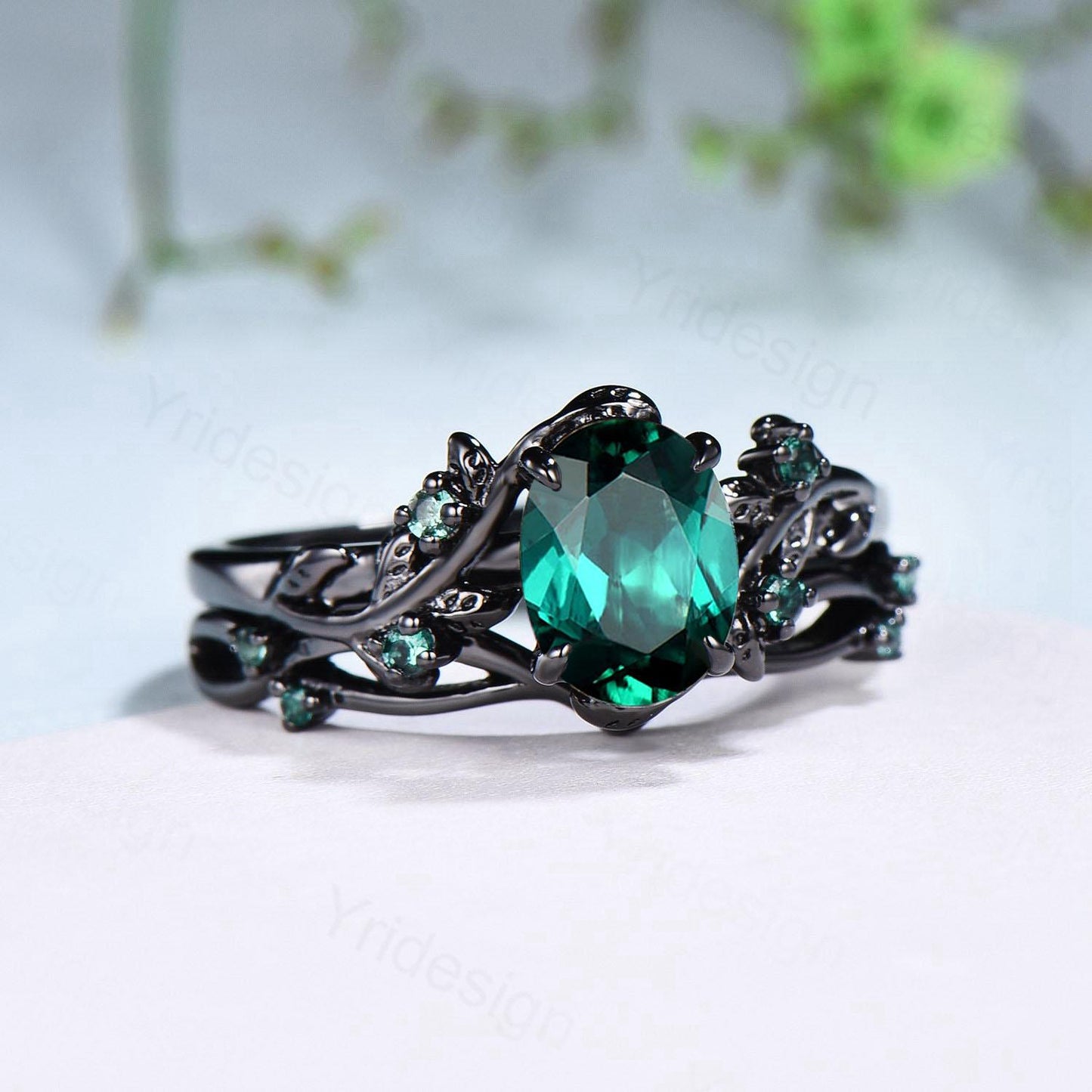 Unique black gold emerald ring set Nature Inspired oval emerald engagement ring vintage May birthstone leaf vine wedding ring set for women - PENFINE