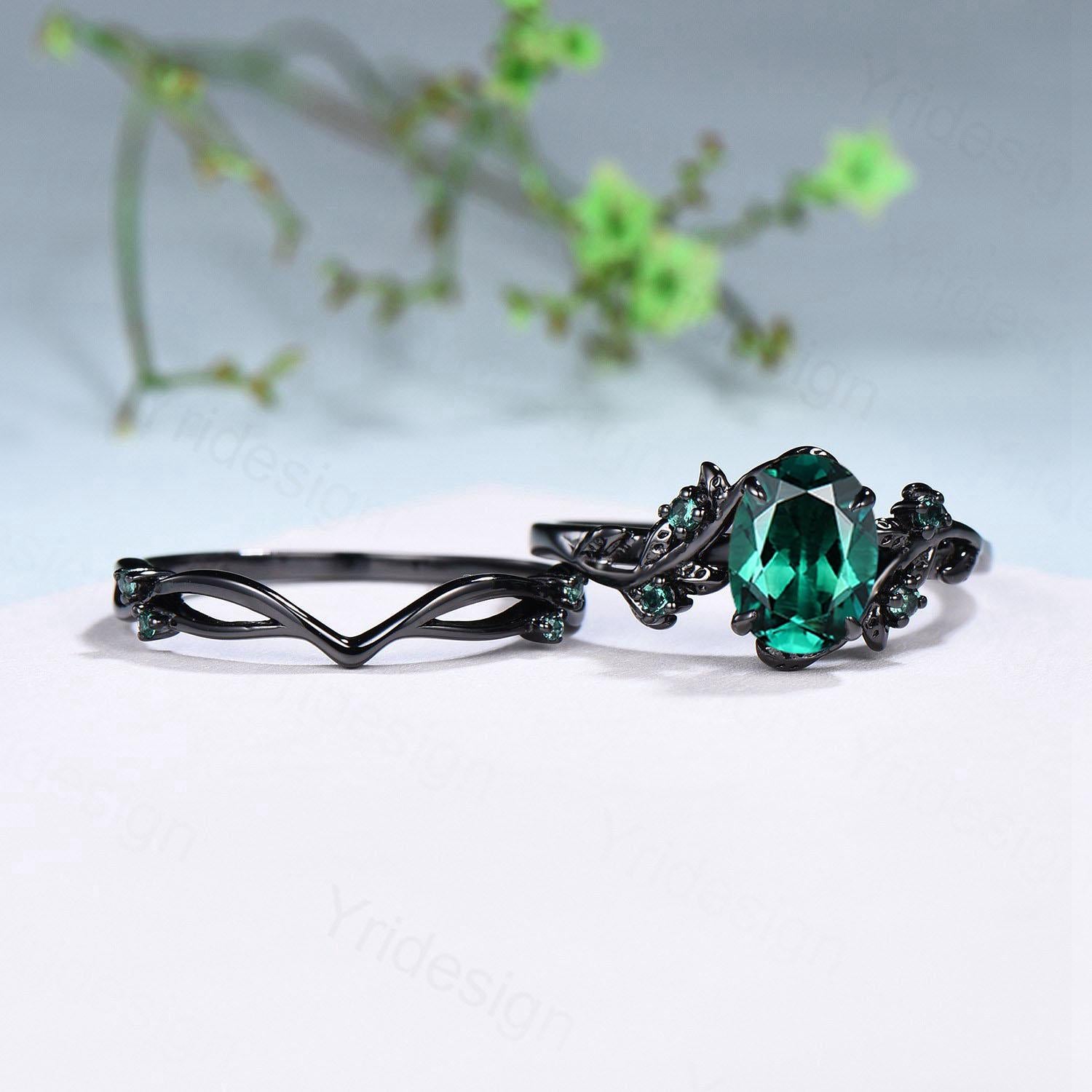 Unique black gold emerald ring set Nature Inspired oval emerald engagement ring vintage May birthstone leaf vine wedding ring set for women - PENFINE