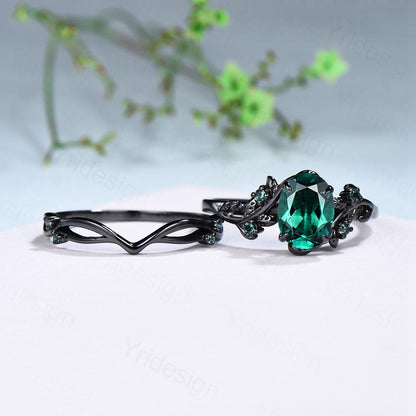 Unique black gold emerald ring set Nature Inspired oval emerald engagement ring vintage May birthstone leaf vine wedding ring set for women - PENFINE