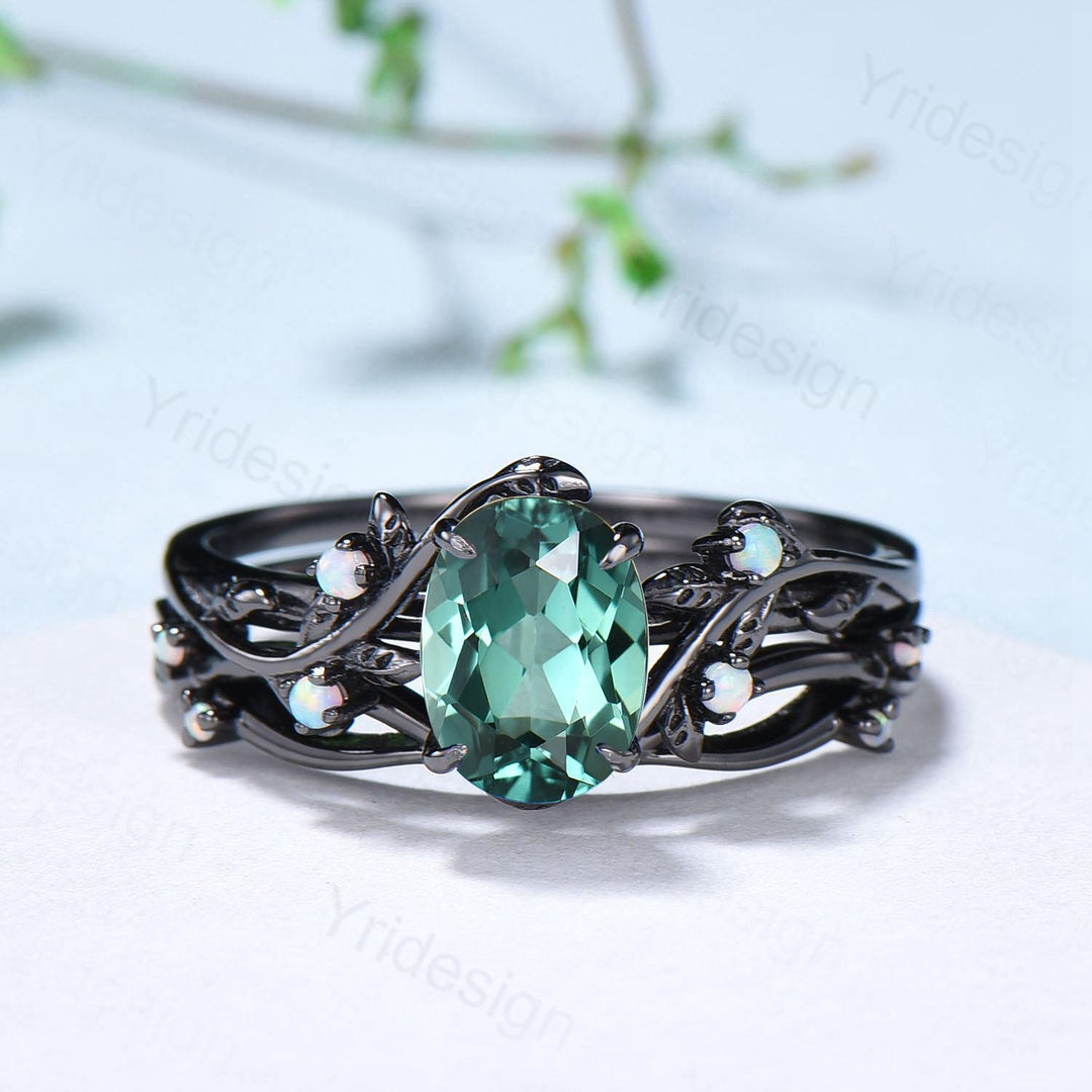 Natural Inspired black gold green sapphire wedding ring set unique leaf engagement ring Art deco   cluster opal band ring women Bridal Set - PENFINE