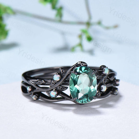 Natural Inspired black gold green sapphire wedding ring set unique leaf engagement ring Art deco cluster opal band ring women Bridal Set - PENFINE