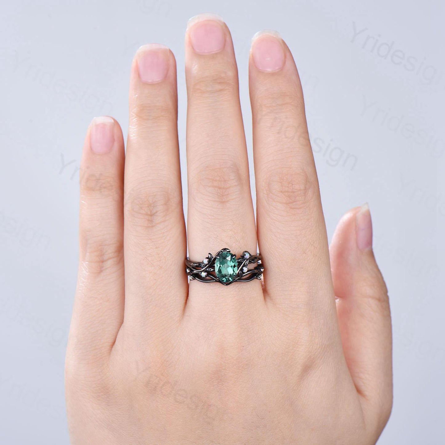 Natural Inspired black gold green sapphire wedding ring set unique leaf engagement ring Art deco   cluster opal band ring women Bridal Set - PENFINE