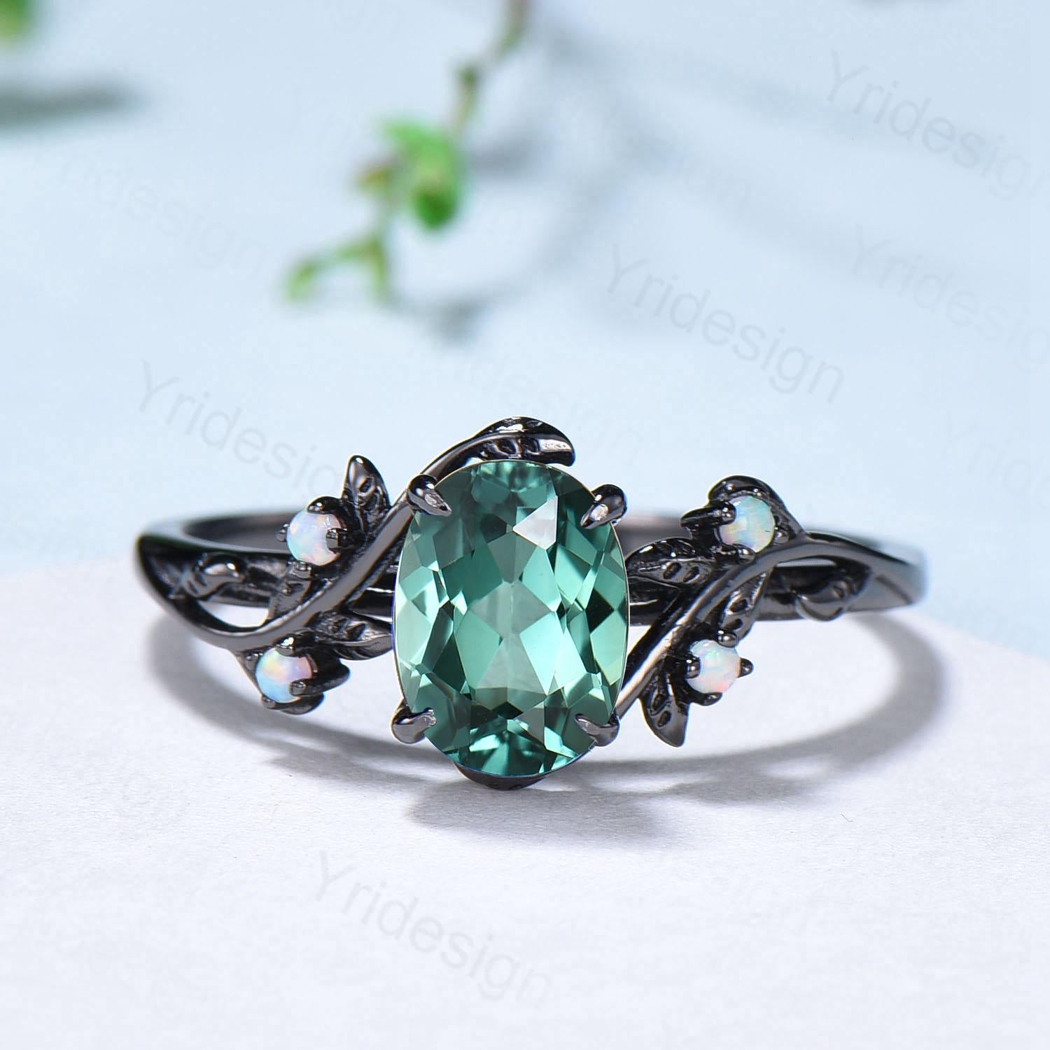 Natural Inspired black gold green sapphire wedding ring set unique leaf engagement ring Art deco   cluster opal band ring women Bridal Set - PENFINE