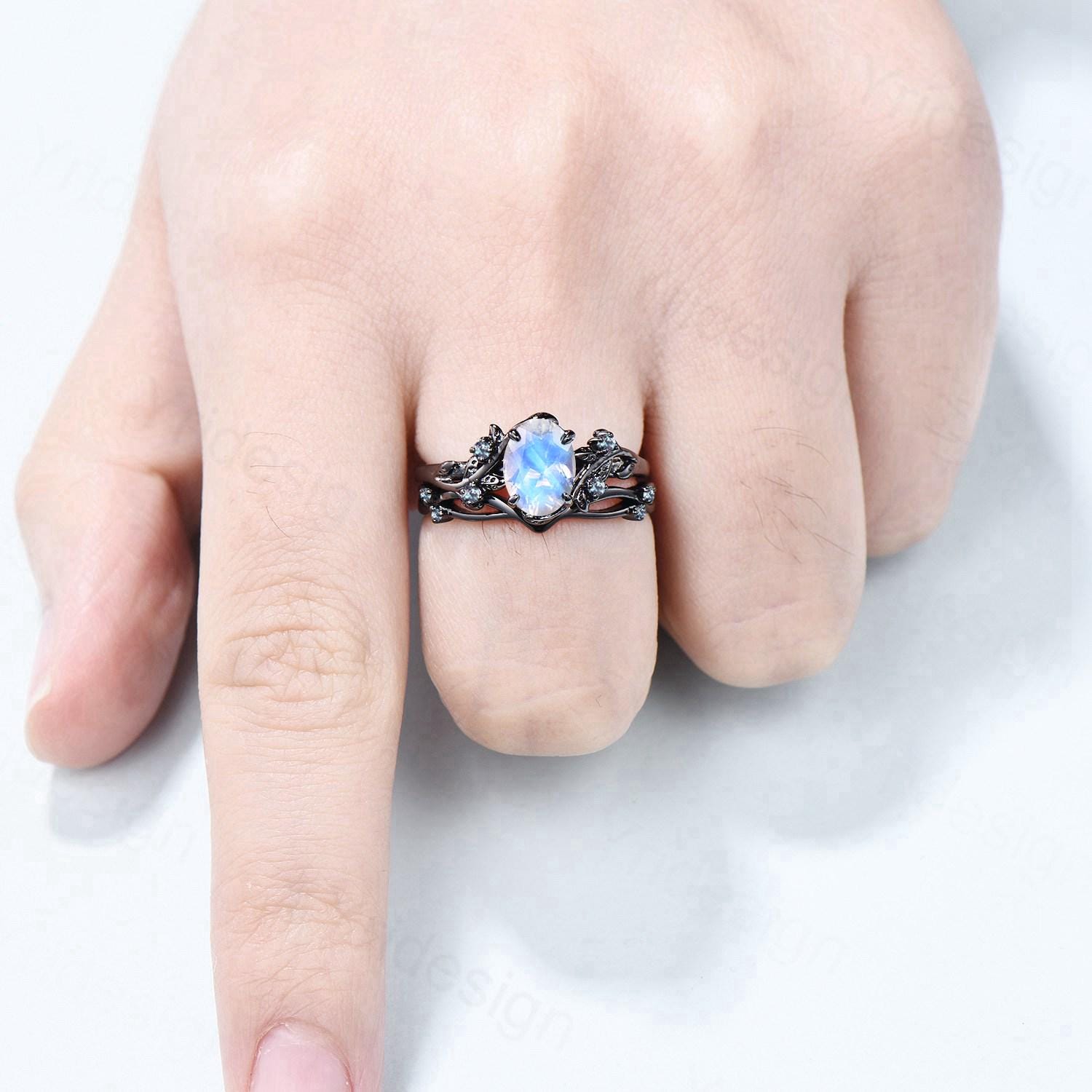 Unique black gold moonstone ring set Nature Inspired June birthstone engagement ring vintage cluster alexandrite Leaf wedding ring set women - PENFINE