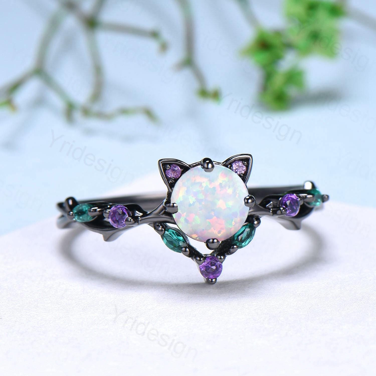 Unique Cat Fire Opal Engagement Ring Black Gold Round White Opal Animal Inspired Amethyst Emerald Band Promise Anniversary Ring Gift Women - PENFINE