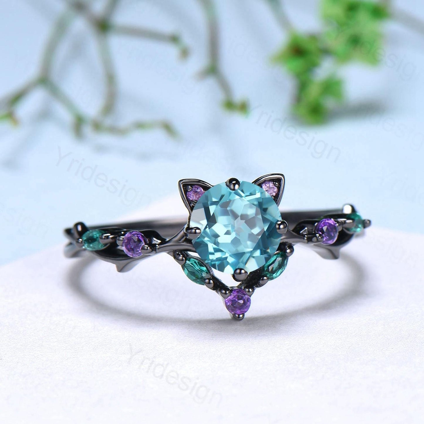 Unique Cat Ring Black Gold Paraíba Engagement Ring Black Gold Animal Inspired Amethyst Emerald Band Vintage Promise Anniversary Ring Women - PENFINE