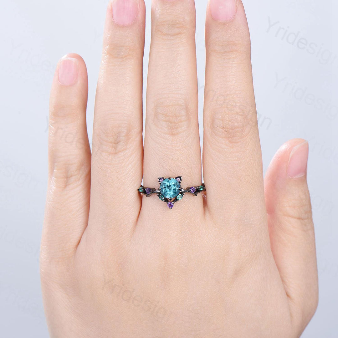 Unique Cat Ring Black Gold Para¨ªba Engagement Ring Black Gold Animal Inspired Amethyst Emerald Band Vintage Promise Anniversary Ring Women - PENFINE